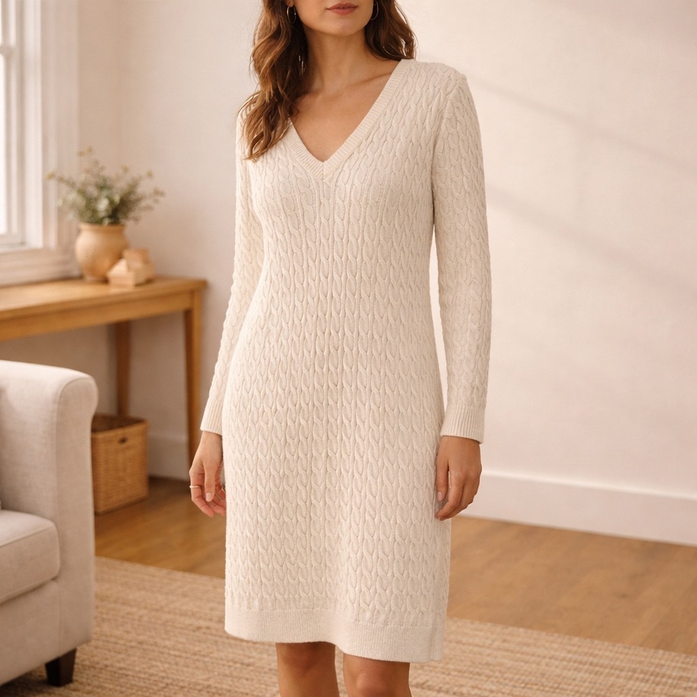 Cream Cable Knit Sweater Dress | V-Neck Long Sleeve Neutral Midi
